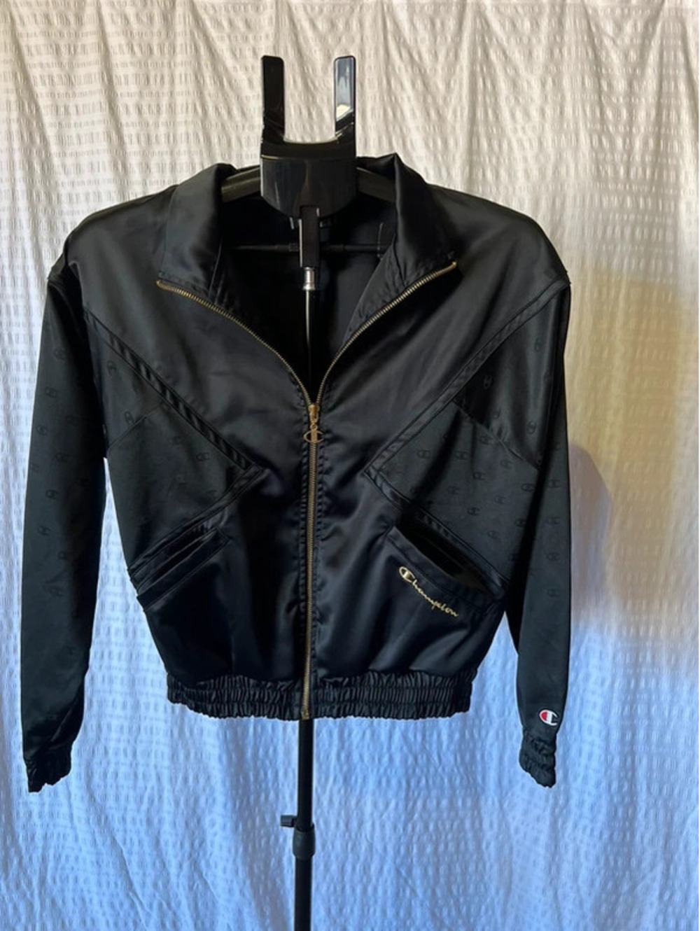 Champion Women’s Satin Lurex Bomber Jacket Black Gold Size Small
